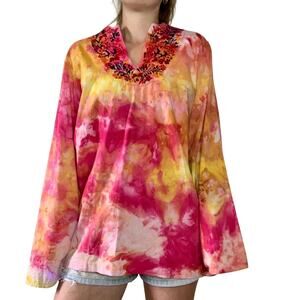 Vintage 70s Hand Dyed Embroidered Boho Blouse Pink Orange Yellow Ice Dye Medium